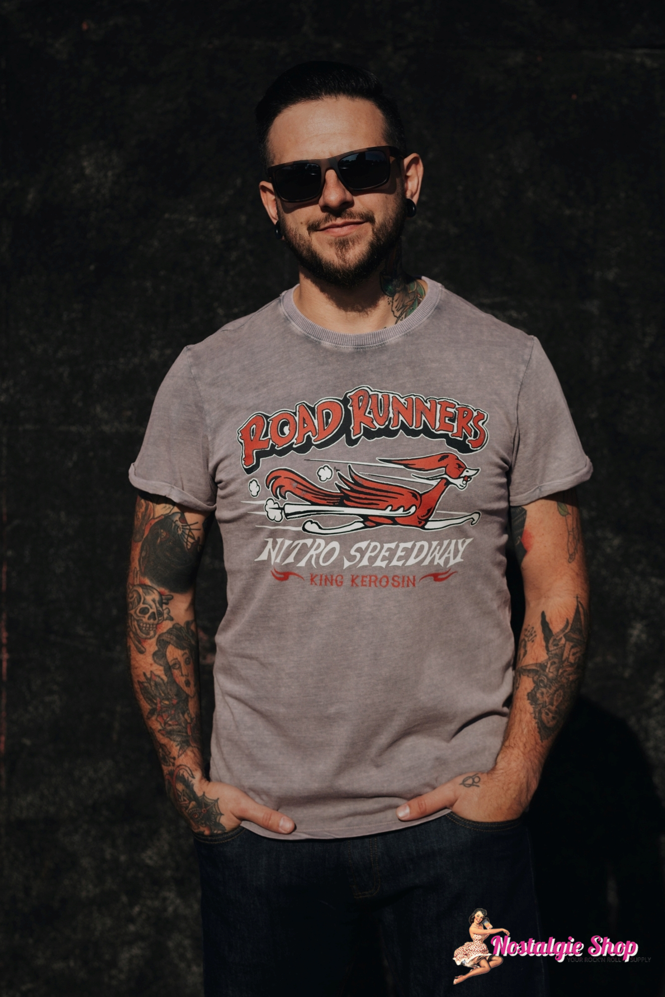 King Kerosin - Roll-Up T-Shirt Acid Wash "Roadrunner" - grau mit Print
